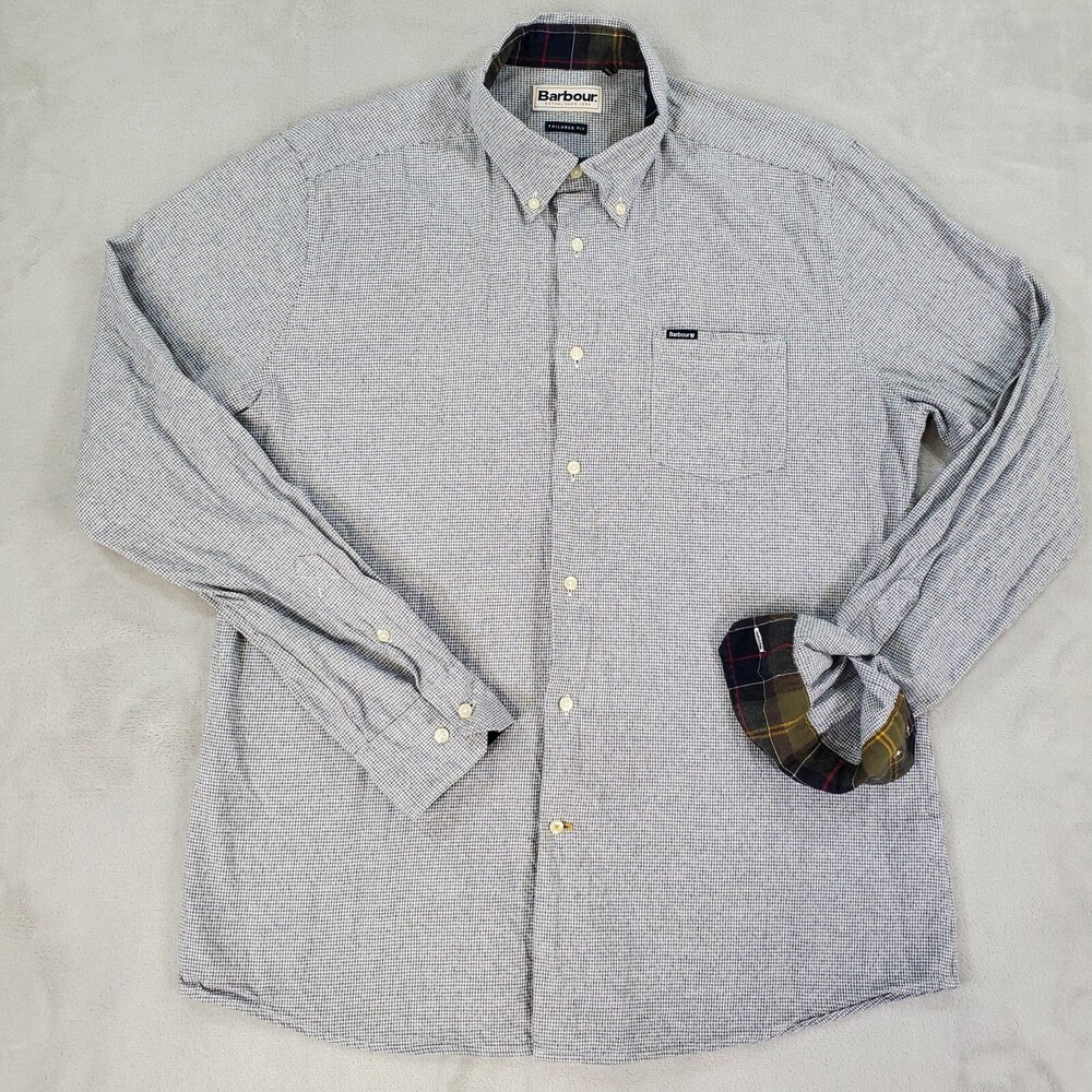 Barbour Shirt Mens Medium Tailored Fit Gray Houndstooth Brushed Cotton Flip Cuff